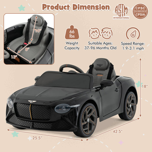 12V Bentley Bacalar kids ride-on car in angle 21, perfect toy for young racers and outdoor fun.
