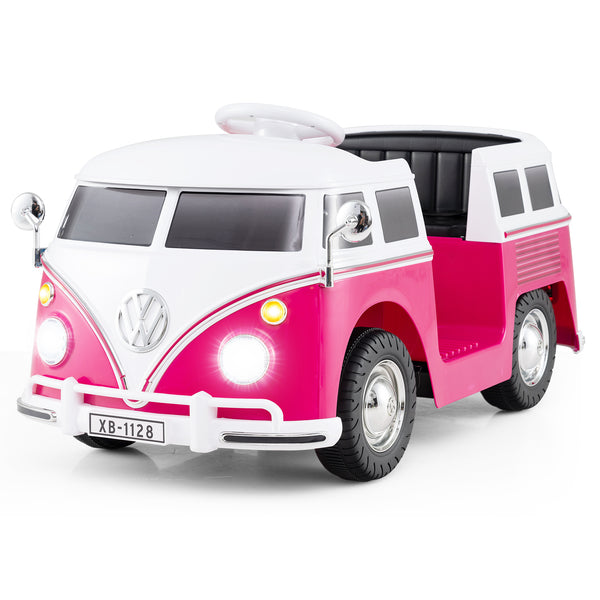Licensed Volkswagen ride-on bus for kids 3+, featuring LED headlights and cup holder, shown from angle 4.