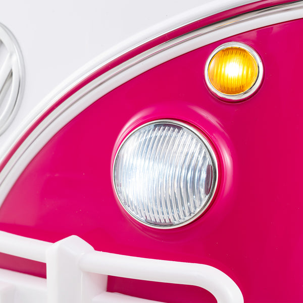12V Volkswagen ride-on bus for kids 3+, featuring cup holder and LED headlights, angled view.
