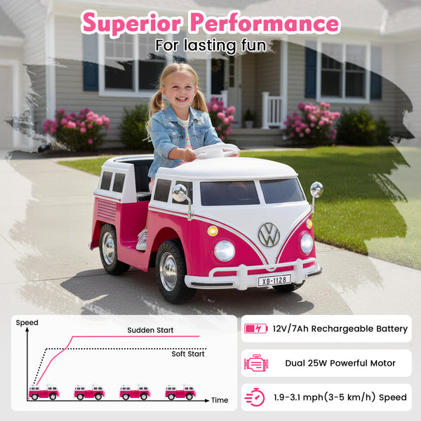 12V Volkswagen ride-on bus for kids 3+, featuring cup holder and LED headlights, angled view.