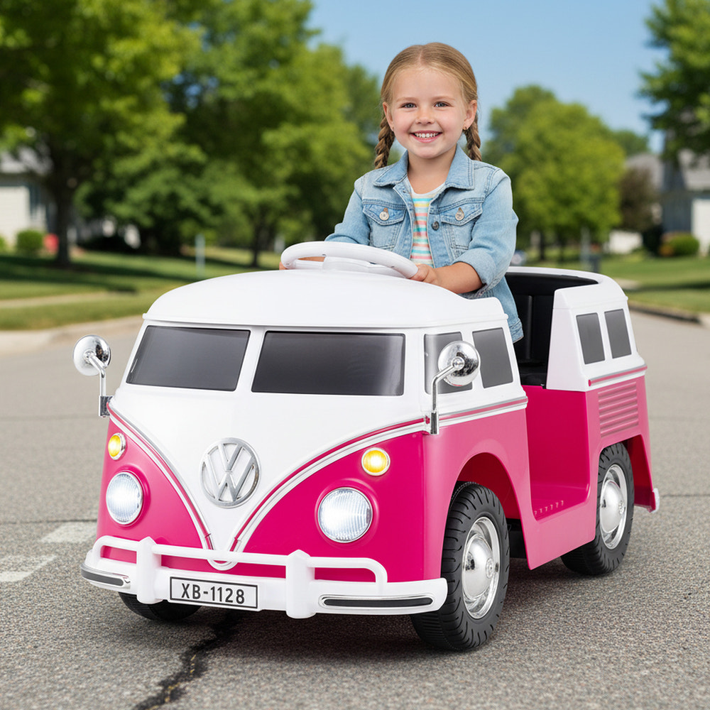 Licensed Volkswagen 12V ride-on bus for kids 3+, featuring cup holder and LED headlights.