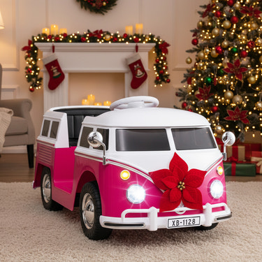 Licensed Volkswagen 12V ride-on bus for kids 3+, featuring cup holder and LED headlights.