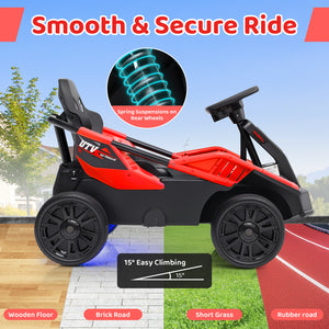 12V electric ride-on UTV for big kids with remote control and music, angled view showcasing its fun design.