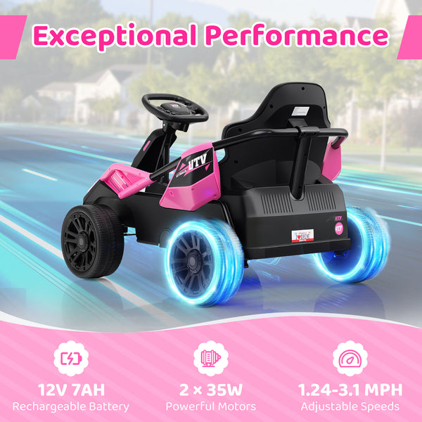 12V electric UTV ride-on car for big kids, featuring remote control and music, angled view.