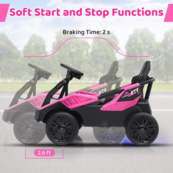 12V electric ride-on UTV for kids with remote control and music, angled view showcasing its fun design and features.
