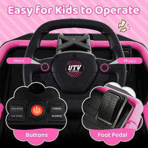 12V electric UTV ride-on car for kids with remote control and music, angled view showcasing its design and features.