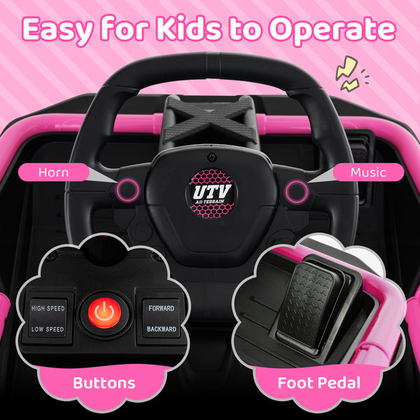 12V electric UTV ride-on car for kids with remote control and music, angled view showcasing its design and features.