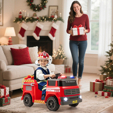 Red 12V ride-on fire truck for kids with water gun and interphone, perfect for outdoor play and adventure.