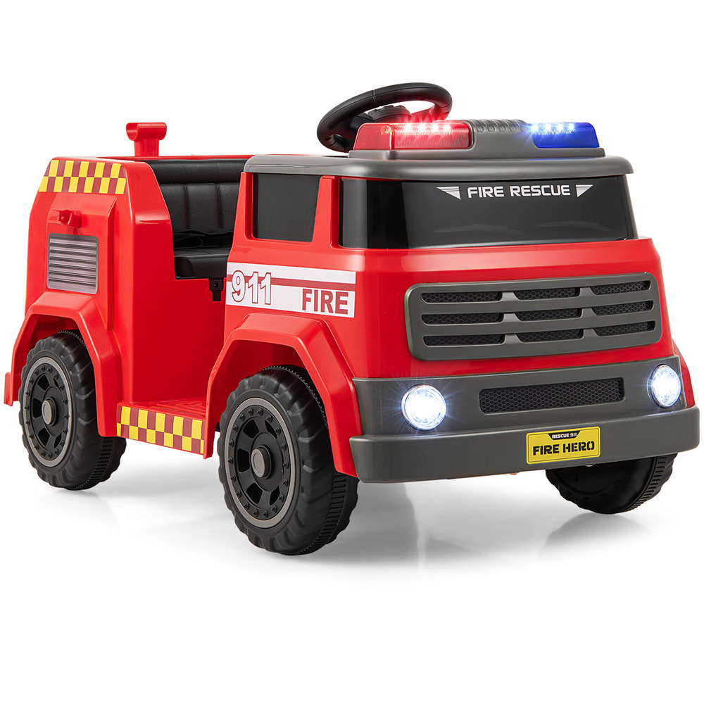 Red 12V ride-on fire truck for kids with water gun and interphone, perfect for outdoor play and adventure.