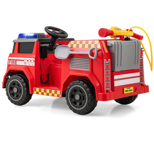 Red 12V ride-on fire truck toy with water gun and interphone, perfect for adventurous kids. Angle 3 view.