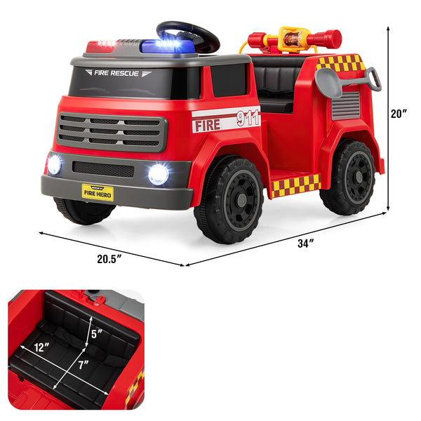 Red 12V ride-on fire truck toy with water gun and interphone, perfect for kids' outdoor adventures.