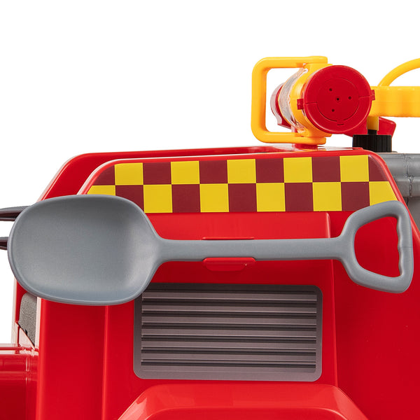 Red 12V ride-on fire truck toy car with water gun and interphone, perfect for kids' outdoor adventures.