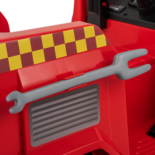 Red 12V ride-on fire truck toy with water gun and interphone, perfect for adventurous kids. Angle 6 view.