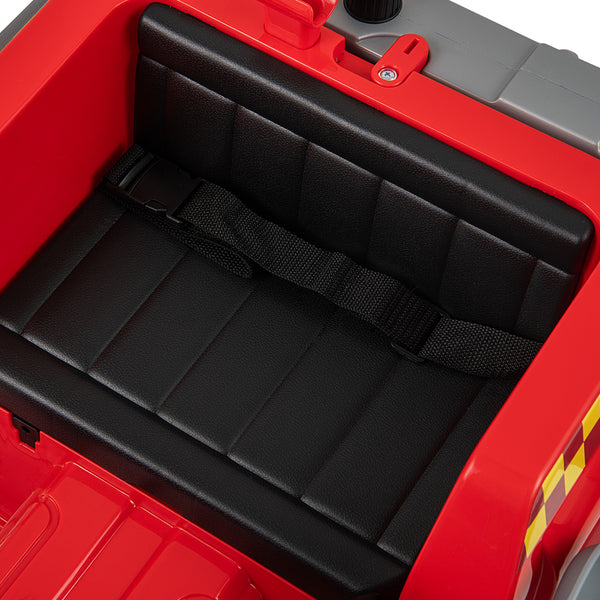 Red 12V ride-on fire truck toy with water gun and interphone, angle view showcasing fun features for kids.