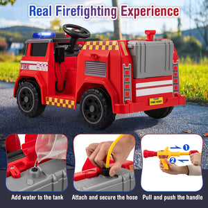 Red 12V ride-on fire truck toy car with water gun and interphone, angled view, perfect for kids' outdoor fun.