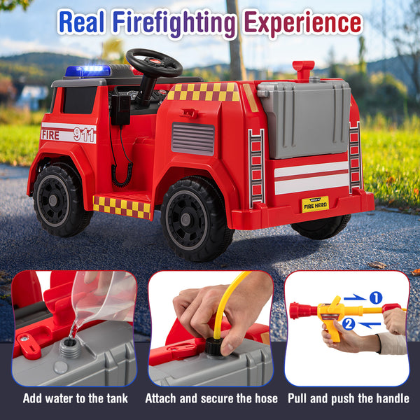 Red 12V ride-on fire truck toy car with water gun and interphone, angled view, perfect for kids' outdoor fun.