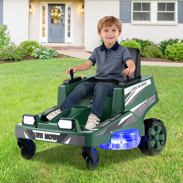 12V Ride on Lawn Mower for Kids with dual control sticks and LED lights - fun outdoor toy for little ones.