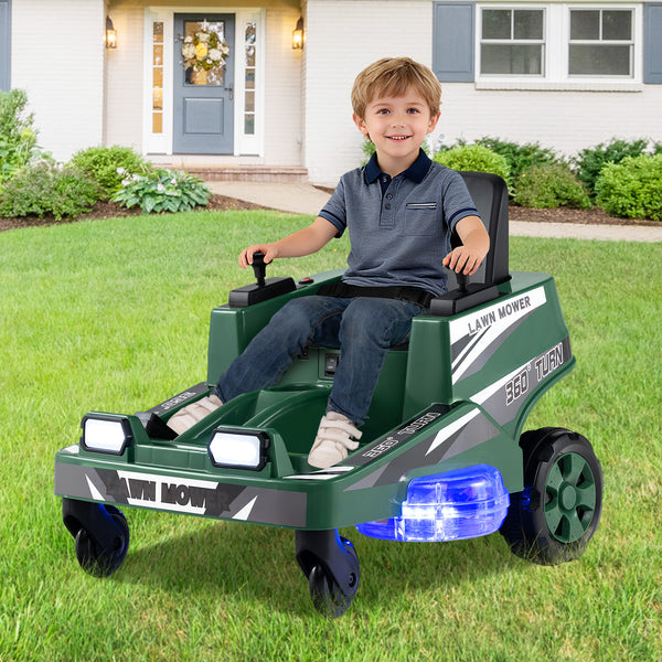 12V Ride on Lawn Mower for Kids with dual control sticks and LED lights - fun outdoor toy for little ones.