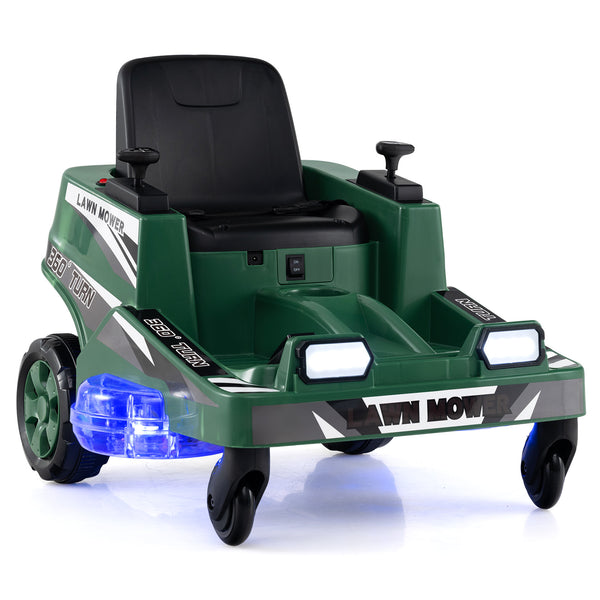 Kids' 12V ride-on lawn mower with dual control sticks and LED lights, perfect for outdoor play and adventures.