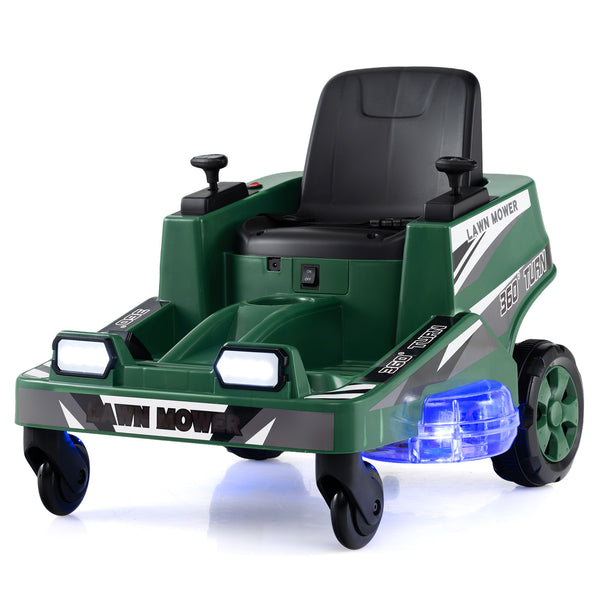 Kids' 12V ride-on lawn mower with dual control sticks and LED lights, perfect for outdoor playtime fun.