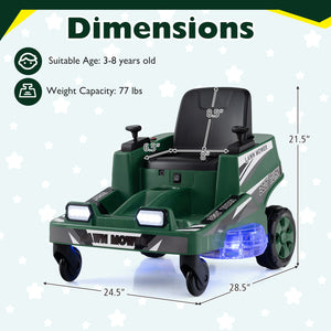 Kids' 12V ride-on lawn mower with dual control sticks and LED lights, perfect for outdoor play and fun adventures.