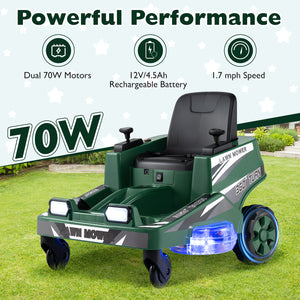 Kids' 12V ride-on lawn mower with dual control sticks and LED lights, perfect for outdoor play and fun adventures.