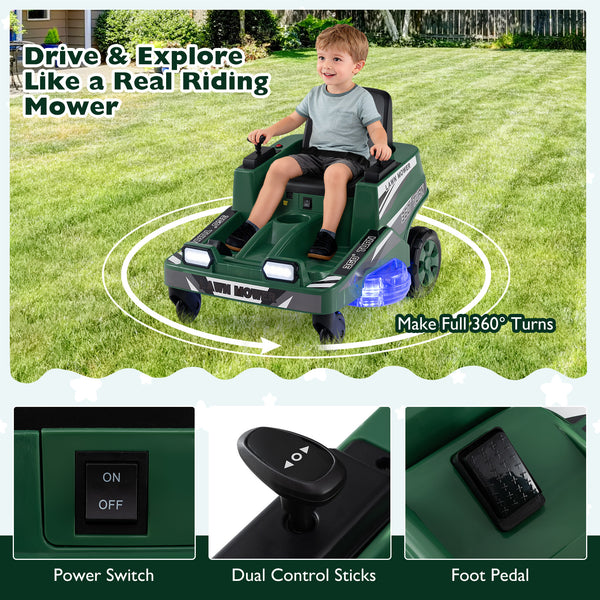 12V kids' ride-on lawn mower with dual control sticks and LED lights, perfect for outdoor fun and imaginative play.