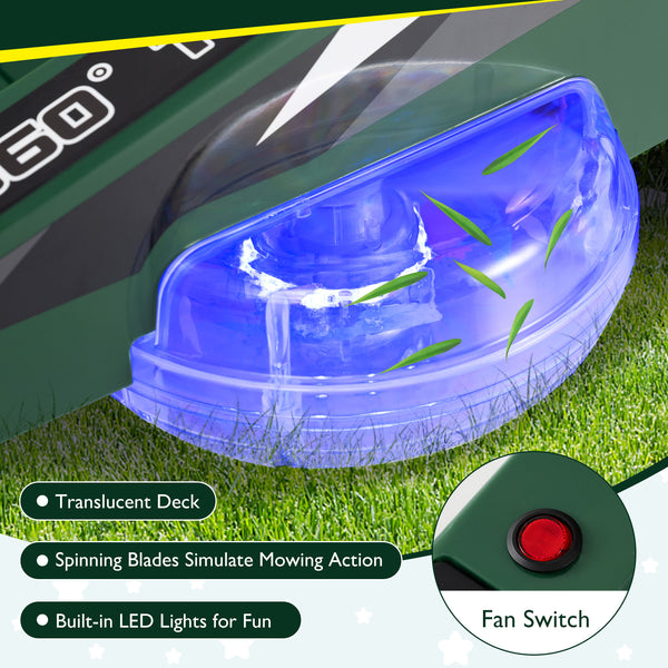 12V kids ride-on lawn mower with dual control sticks and LED lights, perfect for outdoor play and fun adventures.