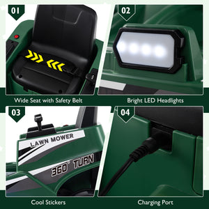 Kids' 12V ride-on lawn mower with dual control sticks and LED lights, perfect for outdoor play and fun.