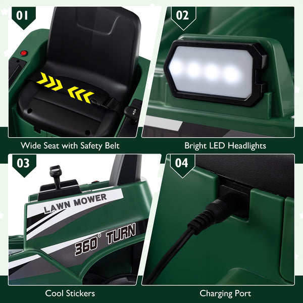 Kids' 12V ride-on lawn mower with dual control sticks and LED lights, perfect for outdoor play and fun.