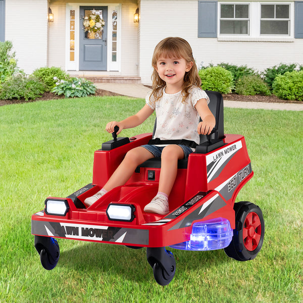Kids' 12V ride-on lawn mower with dual control sticks and LED lights, perfect for outdoor play and fun adventures.