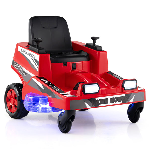 Kids' 12V ride-on lawn mower with dual control sticks and LED lights, perfect for outdoor play.