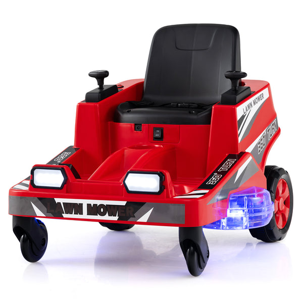 12V kids' ride-on lawn mower with dual control sticks and LED lights, perfect for outdoor play and fun adventures.