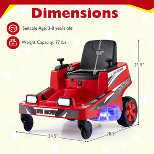 Kids' 12V ride-on lawn mower with dual control sticks and LED lights, perfect for outdoor fun and imaginative play.