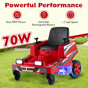 Kids' 12V ride-on lawn mower with dual control sticks and LED lights, perfect for outdoor playtime adventures.