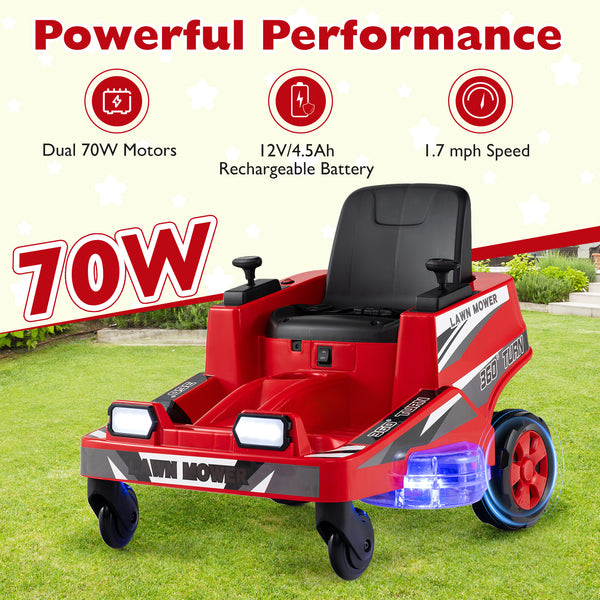 Kids' 12V ride-on lawn mower with dual control sticks and LED lights, perfect for outdoor playtime adventures.
