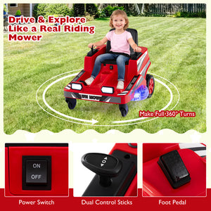 12V kids ride-on lawn mower with dual control sticks and LED lights, angled view showcasing fun design and features.