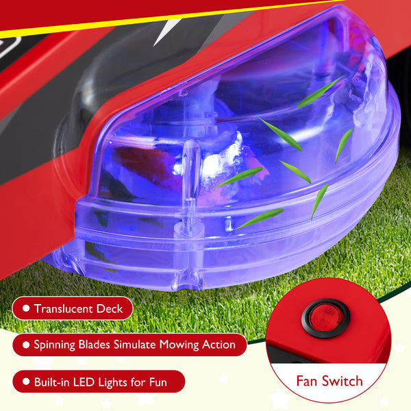 12V kids' ride-on lawn mower with dual control sticks and LED lights, angled view showcasing fun design and features.
