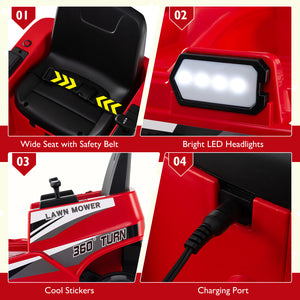 Kids' 12V ride-on lawn mower with dual control sticks and LED lights, perfect for outdoor fun and imaginative play.