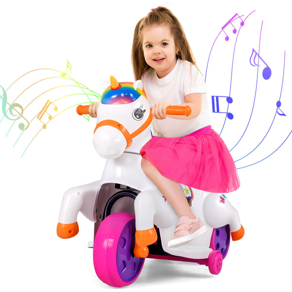 12V Unicorn Ride-On Toy with Training Wheels, perfect for kids' fun and safe riding adventures.