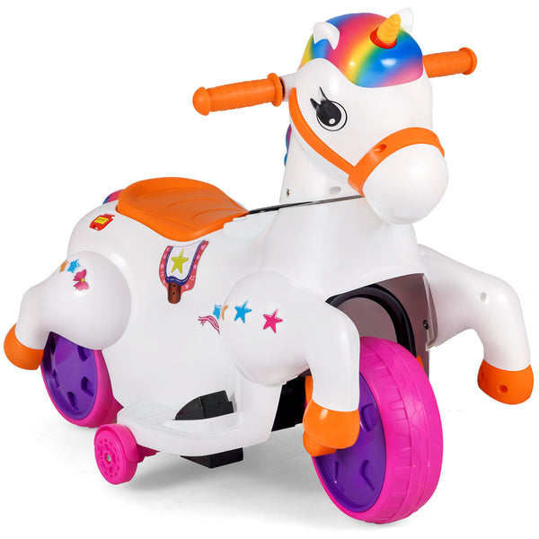 12V unicorn ride-on toy with training wheels, perfect for kids' horse riding fun and adventure.