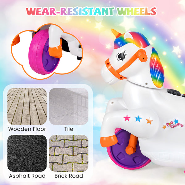 12V Unicorn Ride-On Toy with Training Wheels, perfect for kids' fun and safe horse riding adventures.