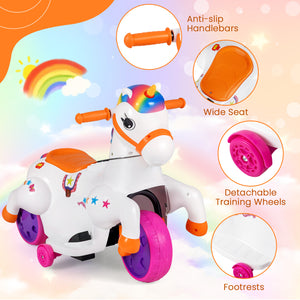 12V Unicorn Ride-On Toy with training wheels, perfect for kids' fun and safe horse riding adventures.