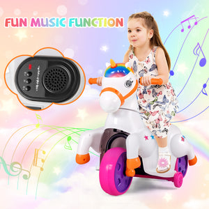 12V Unicorn Ride-On Toy with Training Wheels, perfect for fun and safe horse riding adventures for kids.
