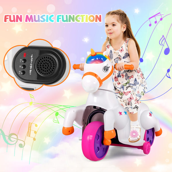 12V Unicorn Ride-On Toy with Training Wheels, perfect for fun and safe horse riding adventures for kids.