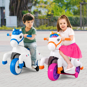 12V Unicorn Ride-On Toy with Training Wheels, perfect for kids' fun and safe horse riding adventures.