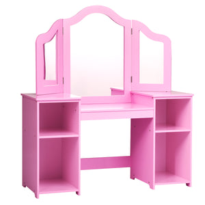 Kids tri-folding mirror makeup vanity table set for stylish playtime fun. Perfect for little ones' dressing adventures.