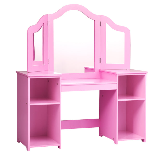 Kids tri-folding mirror makeup vanity table set for stylish playtime fun. Perfect for little ones' dressing adventures.