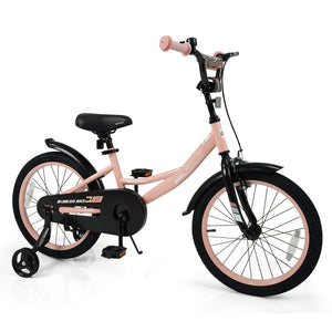 12-inch pink kids bike with adjustable seat and removable training wheels for ages 3-8, angled view.