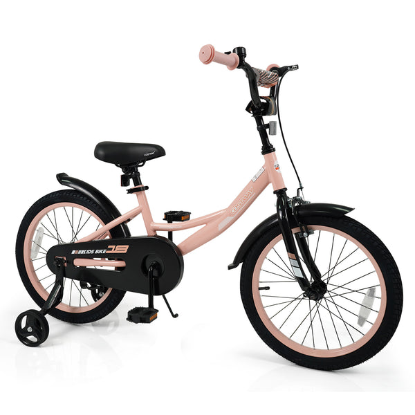 12-inch pink kids bike with adjustable seat and removable training wheels for ages 3-8, angled view.